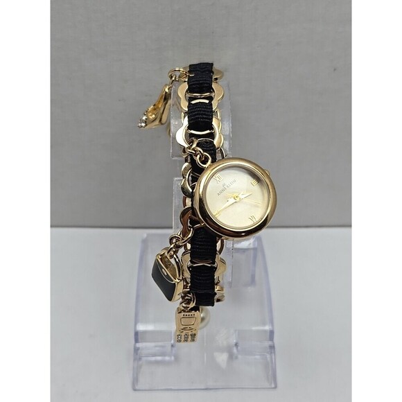 Anne Klein Charm Bracelet Watch Gold Tone Black Chain Purse Charms New Battery - Picture 1 of 9